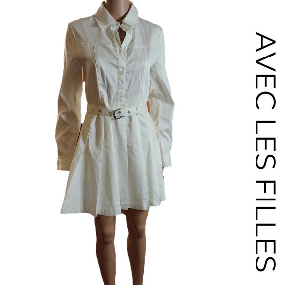 Avec Les Files Belted Cotton Blend Pleated Shirtdress NWT White Size 2 - Picture 1 of 13